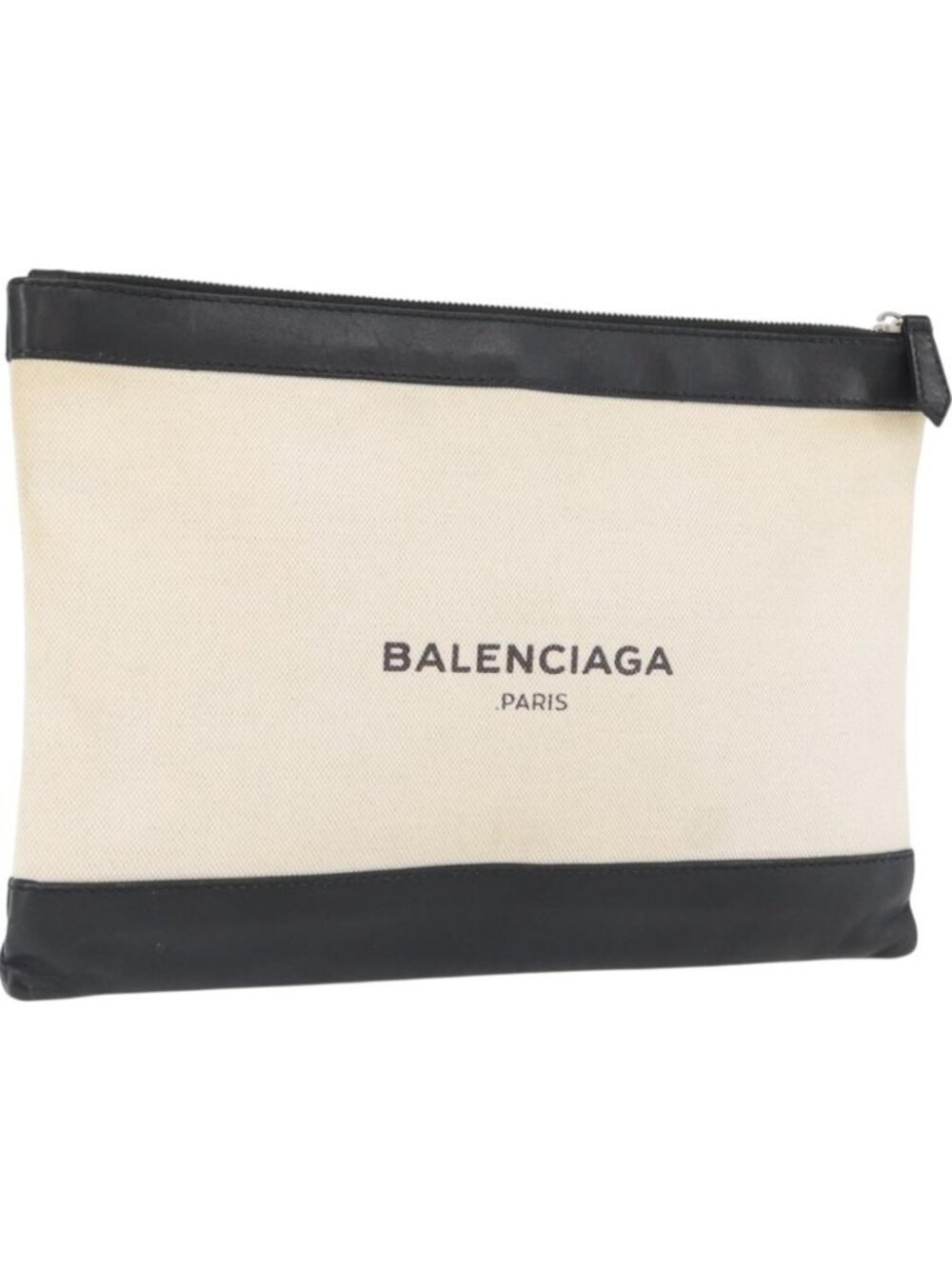 BALENCIAGA Navy clip M Clutch Bag Canvas Leather Beige Black 373834